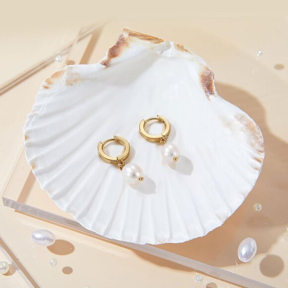 Pearl Drop Earrings Gold Plated Huggie Hoops 10mm Elegant Jewelry for Women - Picture 5 of 9